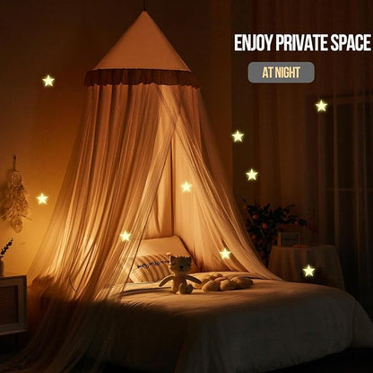 Kertnic 31.5inch Large Dome Bed Canopy for Girls, Double Layer Dreamy Ruffle Princess Canopy, Bedroom Hanging Tent Kids Reading Nook Canopies,Full Queen Bed Canopy Curtain (Beige Pink)
