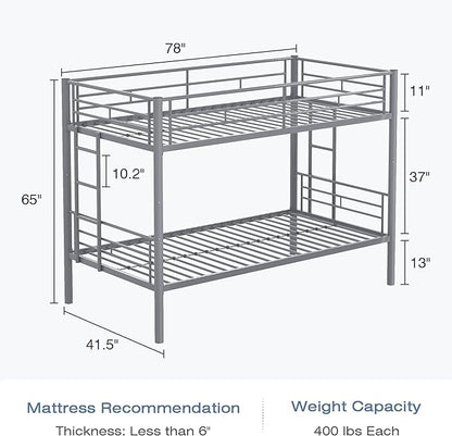 VECELO Bunk Bed Twin Over Twin, Metal Bunkbeds with Ladder and Full-Length Guardrail, No Box Spring Needed, Space Saving, Noise Free, Grey