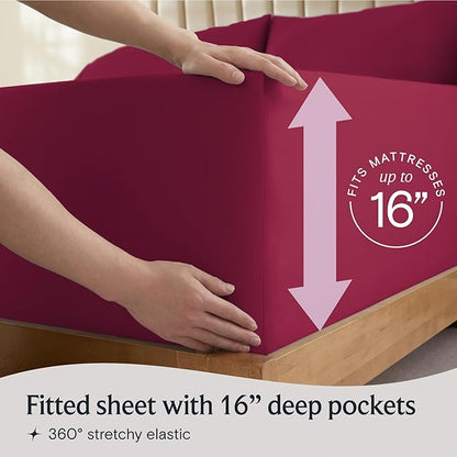 LuxClub 4 PC Queen Sheet Set, Deep Pockets Wrinkle Free Cooling Bed Sheets Hotel Bedding for Women, Men, Includes 1 Fitted Sheet, 1 Flat Sheet and 2 Pillowcases-Burgundy