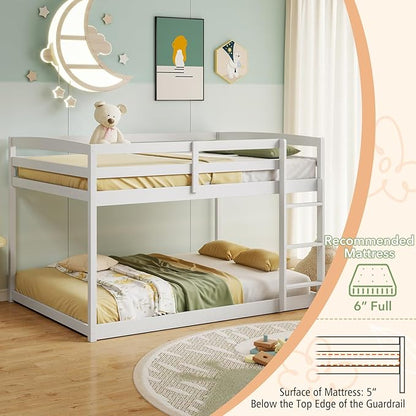 KOMFOTT Low Bunk Bed Full Over Full, Solid Wood Full Bed Frame with Built-in Ladder & Safety Guardrails, Teens, No Box Spring Needed, Space-Saving Low Bunk Bed for Kids
