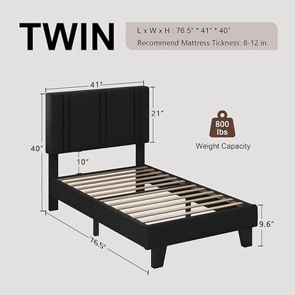 Upholstered Twin Size Bed Frame with Linen Fabric Headboard, Strong Wooden Slats Support, Noise Free, No Box Spring Needed, Black