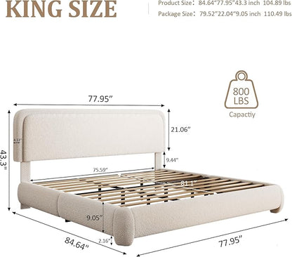 King Size Boucle Bed Frame, Upholstered Cloud Platform Bed Frame with Headboard, Anti-Collision Soft Rounded Corners, No Box Spring Required, Easy Assembly, Noise Free, Adjustable Headboard