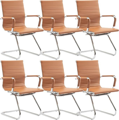 Wahson Office Guest Chairs Set of 6, Leather Reception Chairs, Mid Back Waiting Room Chair, Conference Chairs with Sled Base, Desk Chair No Wheels for Meeting/Lobby/Restroom, Terracotta