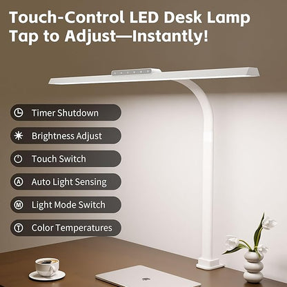 Desk Lamp with Clamp, LED Eye-Caring Clip on Desk Lights for Home Office, Tall Touch Control Dimmable Computer Light with Color Changing, 24W Brightest Architect Desktop Lamp for Screen, White