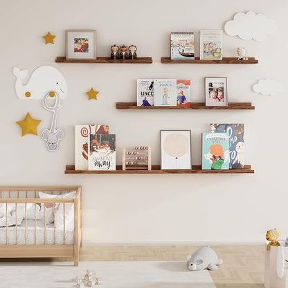 Fun Memories Picture Ledge Shelf, 24 Inch Floating Shelves Set of 2, Nursery Book Shelves for Toys Storage, Kids Bookshelf Wall Mounted for Wall Decor Books Photo Frames, Walnut