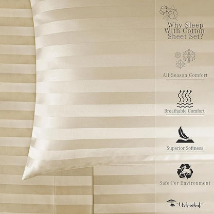 URBANHUT 800 Thread Count 100% Cotton Damask Queen Size Sheets, 4 Piece Striped Queen Size Bedsheets, Luxury Hotel Sheets Sateen Weave - Better Than Egyptian, 16" Elasticized Deep Pocket- Sand