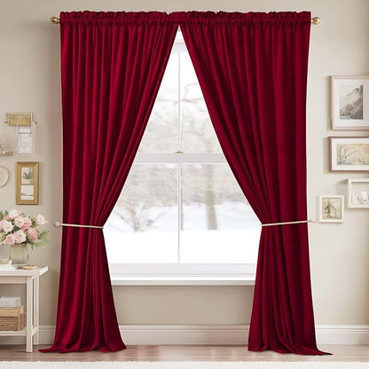 StangH Christmas Red Velvet Curtains for Home Decor, Vintage Thermal Insulated Room Darkening Window Drapes for Nursery Girls Bedroom/Sliding Door, W52 x L90, 2 Panels