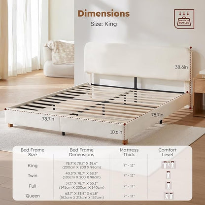 King Size Cloud Bed Frame, Upholstered Boucle Bed Frame with Adjustable Headboard, Solid Wood Legs, Rounded Corners Design & Easy Assembly – Modern Platform Bed,Cream