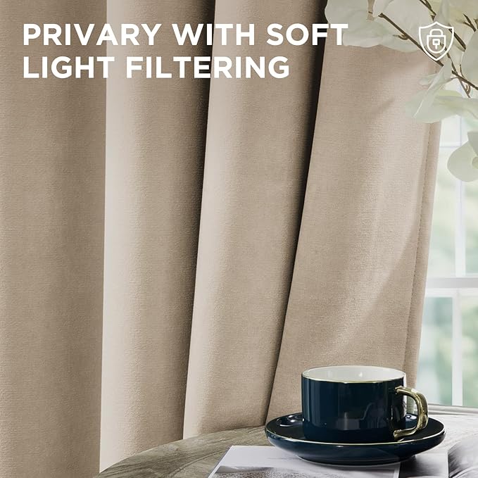 Joydeco Latte Coffee Velvet Curtains 96 Inches 2 Panels, Luxury Thermal Insulated Soft Curtains for Bedroom & Living Room, Room Darkening Velvet Drapes, Rod Pocket (52W x 96L)