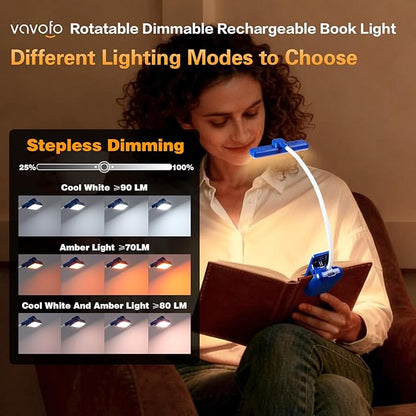 VAVOFO Rechargeable Book Light Rotatable：24 LEDs Reading Light, 3-Color & 9-Brightness Book Lamp, Eye Cared 120Hrs Runtime Lightweight Clip on Led Light for Book Lovers (Royal Blue)