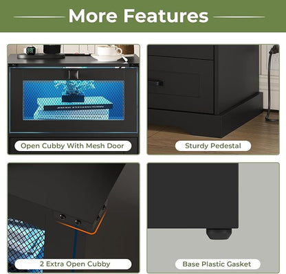 Hasuit Night Stand Set of 2 with Charging Station and LED Lights, Farmhouse Nightstand with 2 Drawers and Cubby with Wire Mesh Door, Black Bedside Table for Bedroom