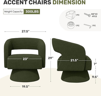 Swivel Accent Chair Set of 2, Modern Comfy Teddy Barrel Chairs, Oversized Upholstered Round Arm Chair for Living Room, Bedroom, Reading Room, Green