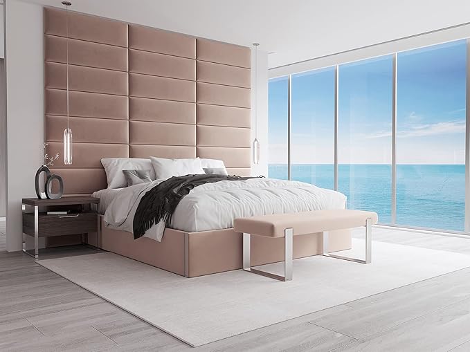 VANT Upholstered Bed Bench - Velvet Blush - Brushed Nickel - Contemporary Modern, Bedroom Bench Seat, Hallway, or Entryway