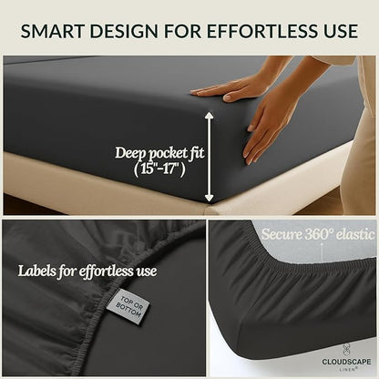Cloud Scape Linen 100% Egyptian Cotton King Sheets Set – 400 Thread Count, 4-Piece Soft Hotel Quality Bedding Set,Deep Pockets up to 16”, Charcoal Grey