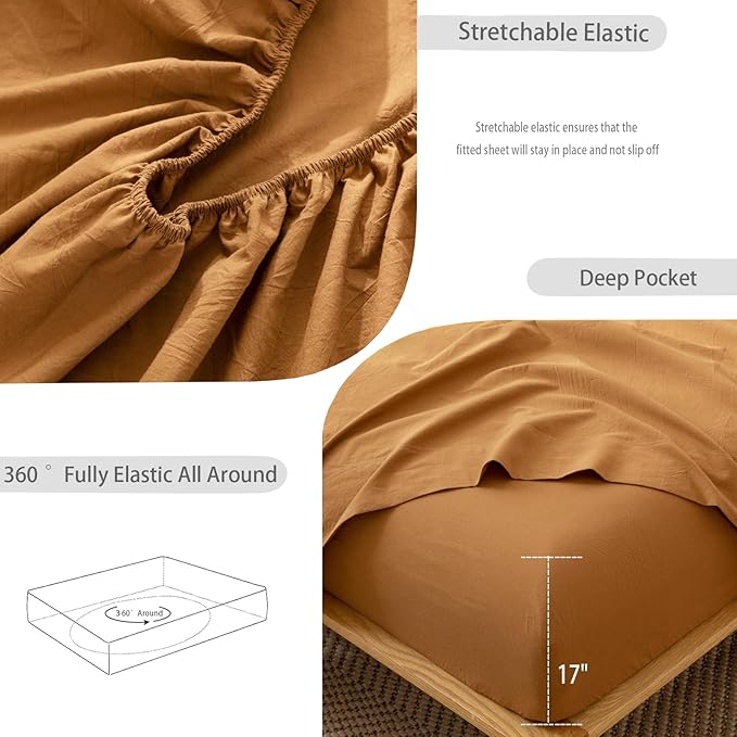 MooMee Fitted Bottom Sheet Only 100% Washed Cotton Linen Like Textured Breathable Durable Soft Comfy Deep Pocket Fits Mattress up to 17" (Dark Orange, King)