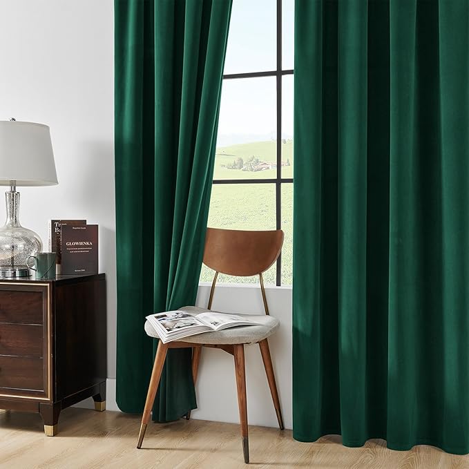 Joydeco Dark Green Velvet Curtains 96 Inches Long, Luxury Grommet Blackout Curtain 2 Panels, Thermal Insulated Privacy Room Darkening Window Drapes for Bedroom Living Room Home Theatre (52Wx96L)