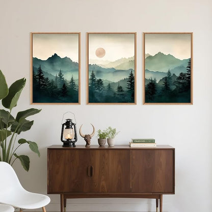 LHIUEM Large Boho Mountain Framed Wall Art Set,Green Foggy Forest Wall Painting,Abstract Nature Sunrise Artwork,Watercolor Pine Tree Wall Decor for Living Room,Bedroom,Office-24''x36''x3