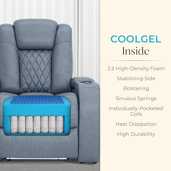 Seatcraft Diamante Zero-Gravity CoolZero Italian Leather Home Theater Seating, Power Headrest, Power Recline, Row of 5, Smokey Blue