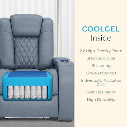 Seatcraft Diamante Zero-Gravity CoolZero Italian Leather Home Theater Seating, Power Headrest, Power Recline, Row of 5, Smokey Blue