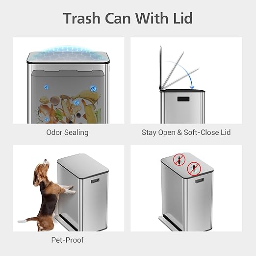 GarveeHome 60 L/16 gal Kitchen Trash Can,2×8 gal Pedal Trash Bin with Removable Baskets,Stainless Steel Garbage Can for Kitchen Office Restaurant School Hospital