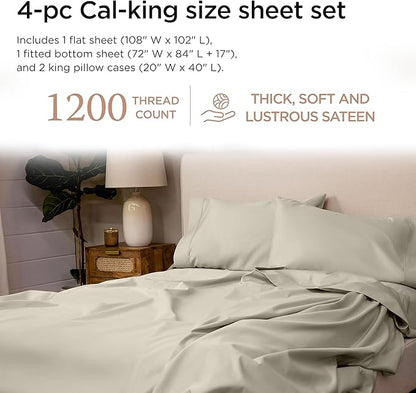 Threadmill California King Sheets, Certified American Supima Cotton Sheets, 1200 Thread Count Hotel Quality, 4 Piece Luxury Bed Sheets Set with Elasticized Extra Deep Pocket, Taupe