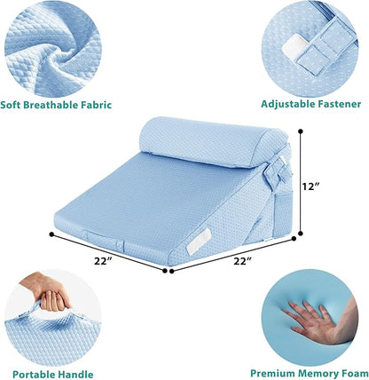 Bedluxe 3Pcs Orthopedic Bed Wedge Pillow Set, Foam Wedge Pillow Post Surgery for Back, Leg and Knee Support, Adjustable 9&12 Inch Folding Triangle Pillow for Sleeping, Acid Reflux, Snoring, Light Blue