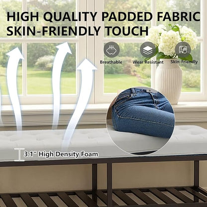 Rectangular Upholstered Tufted Linen Ottoman Storage Bench, Large Footrest Ottoman with Iron Base, White End of Bed Bench for Entryway, Living Room, Bedroom