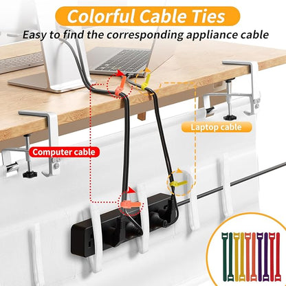 No Drill Under Desk Cable Management Tray, 48" Cord Organizer with Clamp, Fabric Cable Management for Standing Desks, Ideal for Home & Office - White