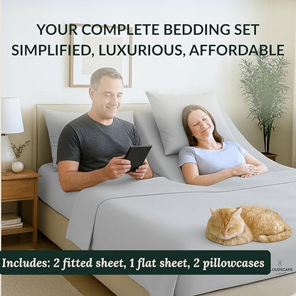Cloud Scape Linen 100% Egyptian Cotton Split King Sheet Set for Adjustable Bed,400 Thread Count, 5 Pcs Bedding Set, Soft, Breathable and Durable, Deep Pockets up to 17, Light Grey