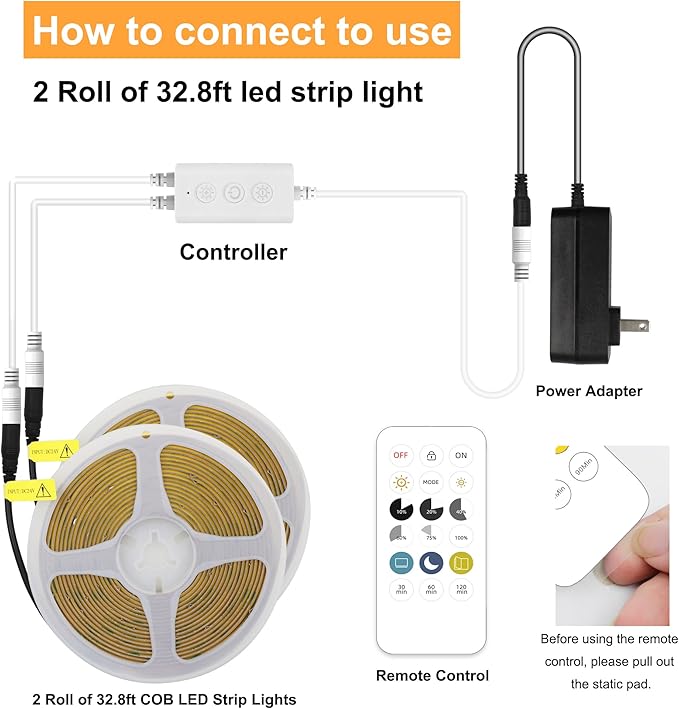 65.6ft COB LED Strip Light Natural White, High Bright LED Strips with 320LEDs,RF Remote and UL Power Supply,4000K Dimmable LED Lights for Bedroom,Kitchen,DIY Home Decoration, 2 Rolls of 32.8ft