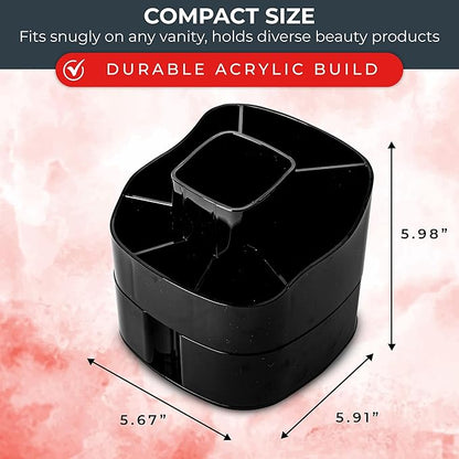 Masirs Small Rotating Makeup Organizer - Mini Yet Spacious Cosmetic Storage Solution with Multiple Compartments - The Perfect Spinning Make-Up Caddy for Vanity or Bathroom Counter (Square - Black)