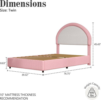 Twin Bed Frames with Headboard, Boucle Upholstered Platform Bed, White Bed Frame, Soft Rounded Corners, No Box Spring Needed, Easy Assembly, Pink&White
