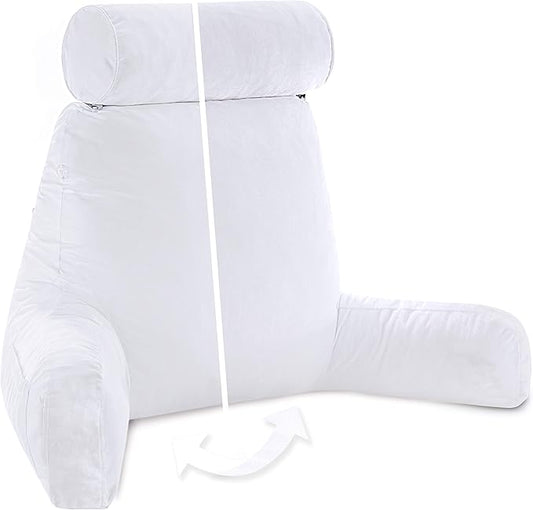 Husband Pillow XXL Aspen Edition - Adult Reading Bed Rest Pillow with Arms & Detach Neck Roll on Bungee Cord - Premium Memory Foam, Reversible 2 Sided Covers Micro Suede or Plush, White Dandelion