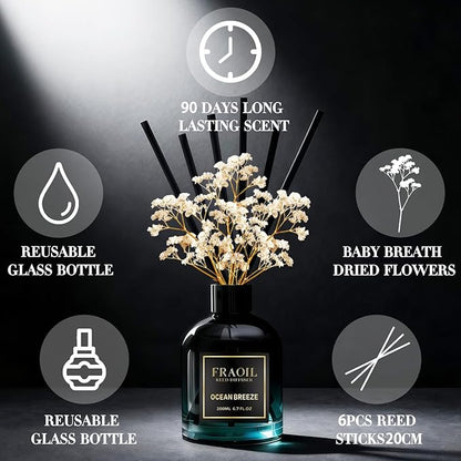 Ocean Breeze Reed Diffuser, Reed Diffuser Set 6.7 fl oz (200 ml) with 6 Reed Sticks, Home Fragrance Reed Diffuser for Bathroom Shelf House Bedroom Office Decor
