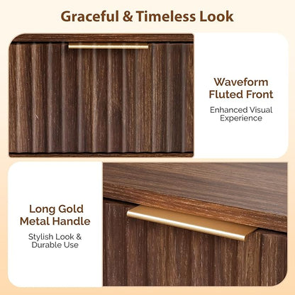 VINGLI Night Stand Set 2, Fluted Nightstands with Drawer, Mid Century Modern Nightstands Set of 2, Bedside Table, End Table, Wood Nightstand for Bedroom, Walnut, 15.75" W*11.81" D*21.85" H