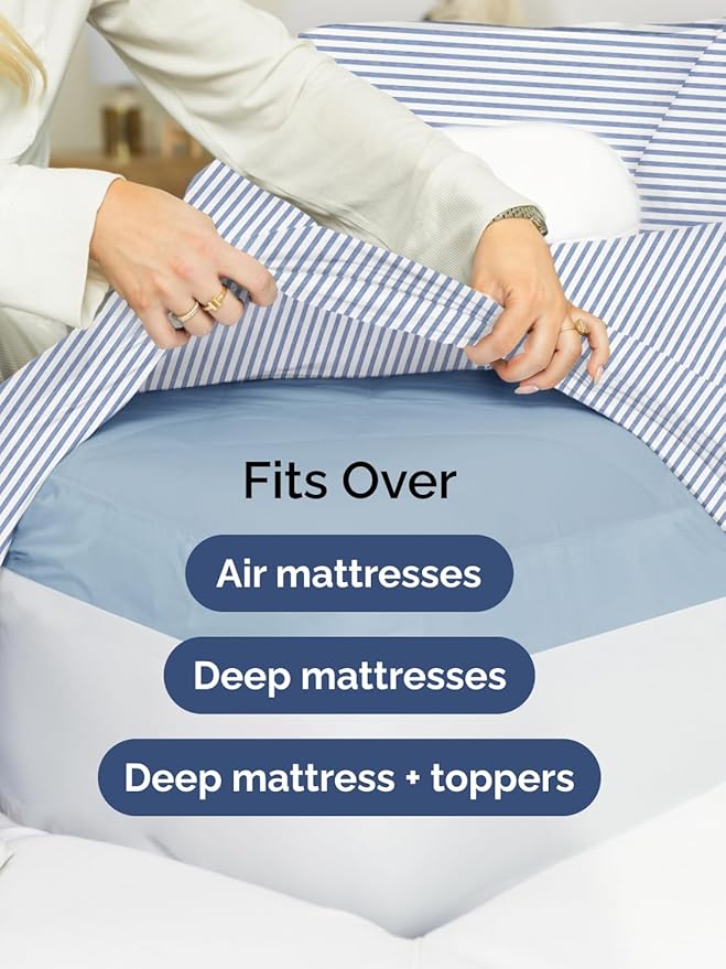 Extra Deep Split King Sheet Set - 7 Piece Breathable & Cooling Sheets - Hotel Luxury Bed Sheets Set - Easy Fit - Soft, Wrinkle Free & Comfy Sheets Set - Blue Striped Sheet Set w/Extra Deep Pockets