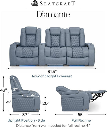 Seatcraft Diamante Zero-Gravity CoolZero Italian Leather Home Theater Seating, Power Headrest, Power Recline, Row of 3 Right Loveseat, Smokey Blue