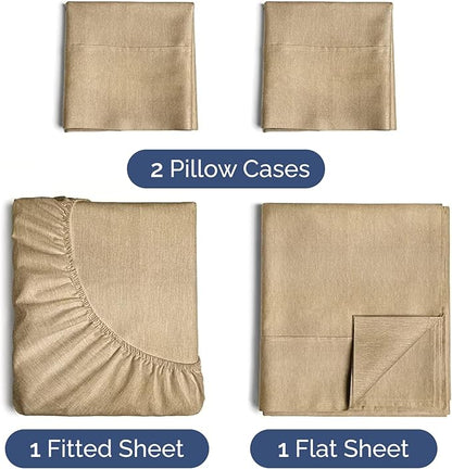 Twin 4 Piece Sheet Set - Cooling, Comfy & Breathable - Hotel Luxury Bedding, Includes Fitted Sheet for Women, Men, Kids & Teens - 1 Flat, 1 Fitted Sheet, 2 Pillowcases w/Deep Pockets - Heathered Tan