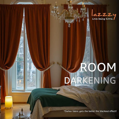 Lazzzy Velvet Blackout Curtains Thermal Insulated Room Window Drapes Super Soft Luxury Curtains for Living Room Bedroom Rod Pocket 2 Panels, Burnt Orange, 52" W x 84" L