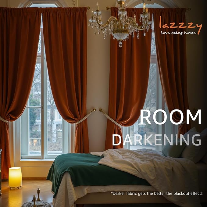 Lazzzy Velvet Blackout Curtains Thermal Insulated Room Window Drapes Super Soft Luxury Curtains for Living Room Bedroom Rod Pocket 2 Panels, Burnt Orange, 52" W x 120" L