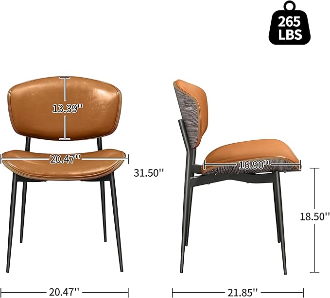 Art Leon Dining Chairs Set of 4, Gray Oak Bentwood, Mid Century Modern Dining Room Chairs, Faux Leather Upholstered Desk Chair with Black Metal Legs, Brown