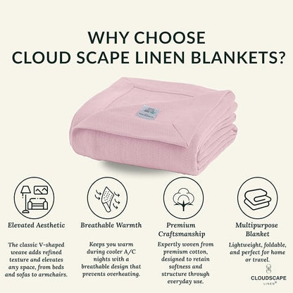 Cloud Scape Linen 100% Cotton Throw Blanket 50x70 Seashell Pink, Luxury All-Season Warmth, Ultra Soft, Oversized Herringbone Gauze Blanket for Winter, Bed, Couch & Sofa Decor, Best Gift Idea