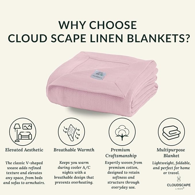 Cloud Scape Linen 100% Cotton Blanket 92x92 Seashell Pink - Cozy Herringbone Weave, Fits Up to for Full Size Beds, Breathable Softness, All-Season Warmth, Winter Blanket, for Women