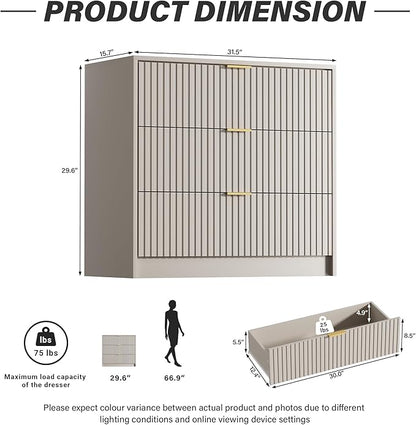 Beige Dresser for Bedroom, Modern Dresser with 3 Drawers and Smooth Slides, Wide Chest of Drawers with Golden Handles for Bedroom, Living Room, Closet, 15.7" D x 31.5" W x 29.6" H