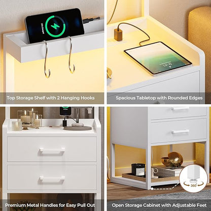 VIAGDO Nightstands Set of 2 with Charging Station, LED Night Stand with 2 Drawers, White Modern Bedside Tables with Open Storage Shelves, End Side Tables for Bedroom, Office
