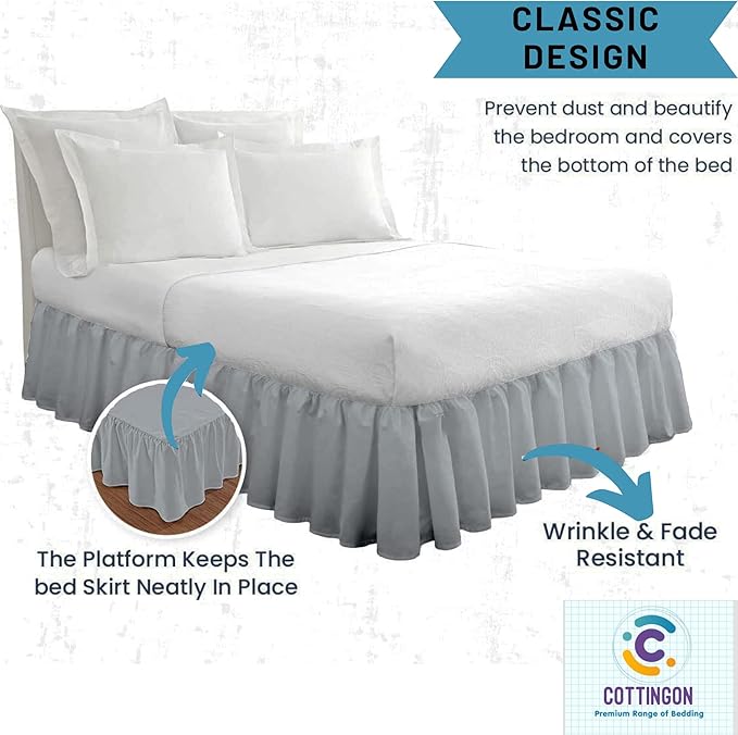 Ruffled Bed Skirt with Split Corners-Dust Ruffle - 14" Drop 100% Microfiber Soft,Sheen & Luxurious Look - Bed Skirts (Light Grey -Full)