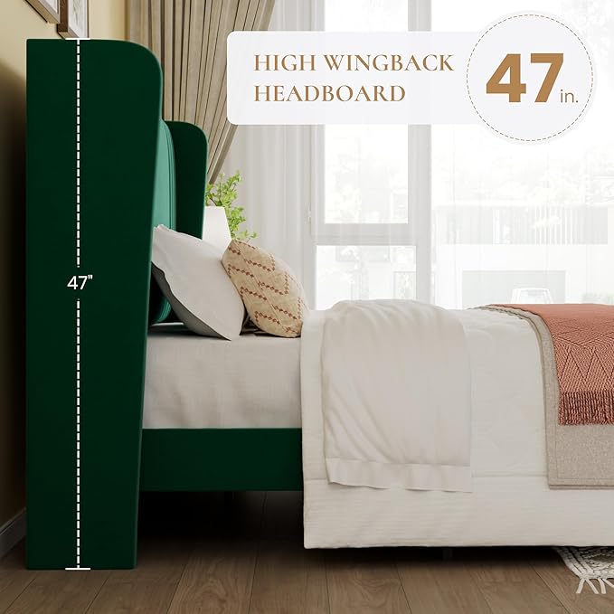 SHA CERLIN Full Size Velvet Upholstered Platform Bed Frame with Vertical Channel Tufted Wingback Headboard, Wooden Slats Support, Easy Assembly, Under Bed Storage, No Box Spring Required, Green