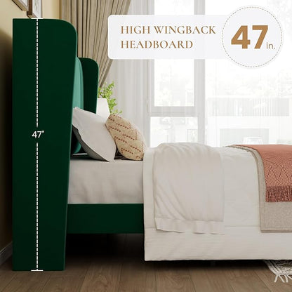 SHA CERLIN King Size Velvet Upholstered Platform Bed Frame with Vertical Channel Tufted Wingback Headboard, Wooden Slats Support, Easy Assembly, Under Bed Storage, No Box Spring Required, Green
