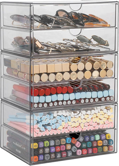 Stackable Storage Drawers, Plastic Storage Bins for Home Office, Bathroom, Kitchen, Pantry, Clear Desk Organizer for Accessories, Marker, Pencils, Books, Art Crafts, Makeup (6 Drawers)