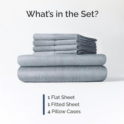 Cal King 6 Piece Sheet Set - Cooling & Breathable - Hotel Luxury Bedding, Includes Fitted Sheet for Women, Men, Kids & Teens - 1 Flat, 1 Fitted Sheet, 4 Pillowcases w/Deep Pockets - Heathered Blue
